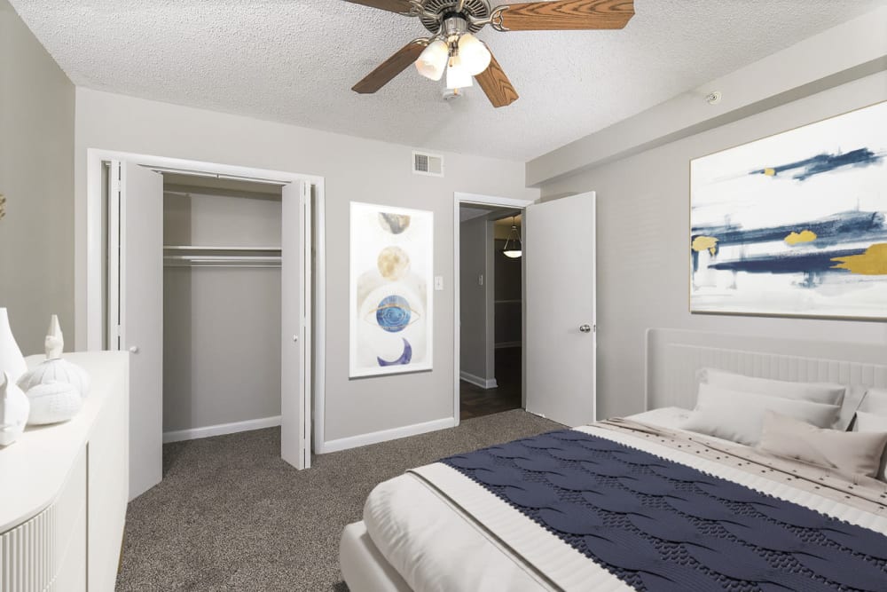 Bedroom with ceiling fan at Homewood Heights Apartment Homes in Birmingham, Alabama