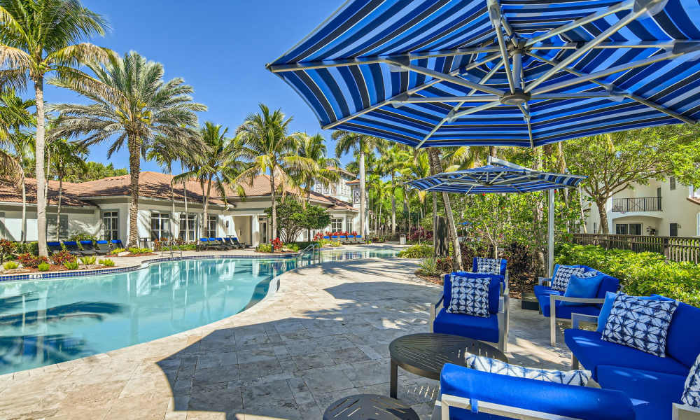 Living room featuring stylish blue and white furniture at Solero at Plantation in Plantation, Florida