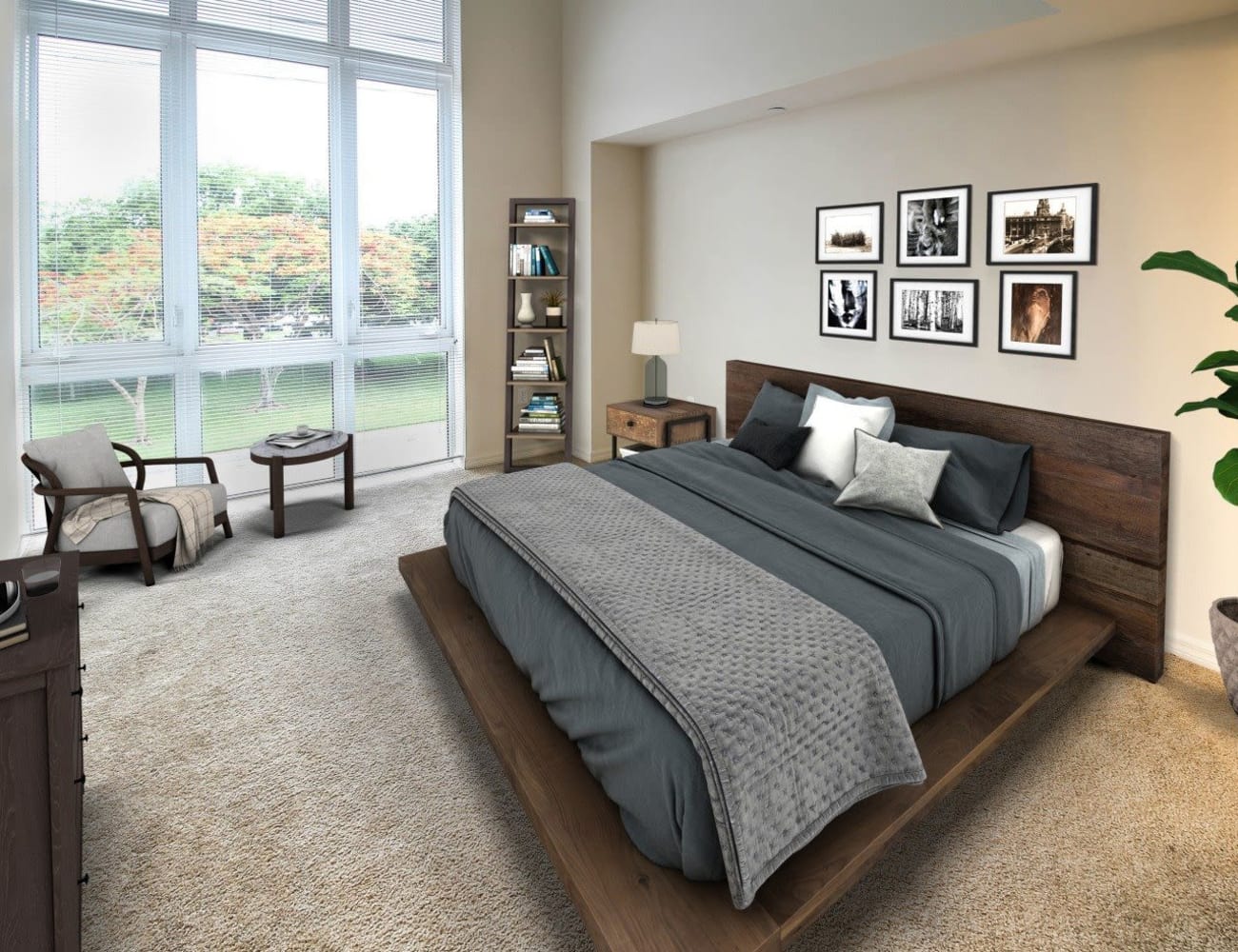 Spacious master bedroom with a large window at Midtown 24 in Plantation, Florida