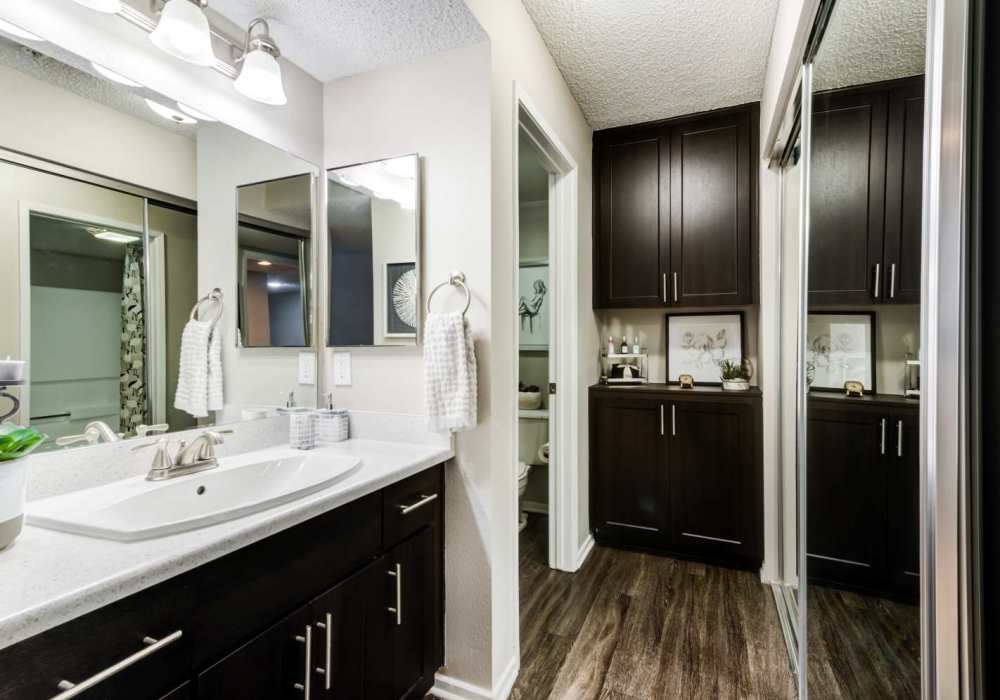 Bathroom with mirror at The Bluffs in Rancho Cucamonga, California