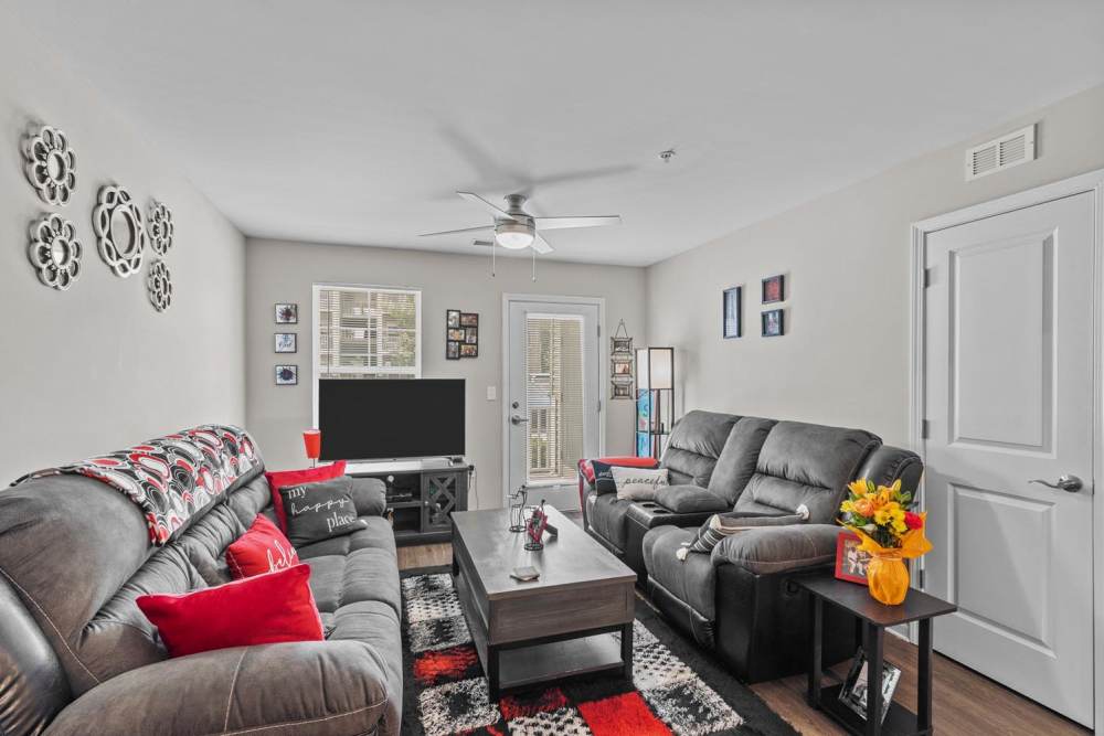 Cozy living room with plush seating, decorative pillows, and natural light from patio doors at Old Firetower Place in Greenville, North Carolina