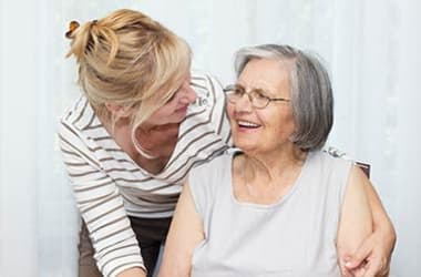Resident and her daughter at Mirror Lake Village Senior Living Community in Federal Way, Washington.