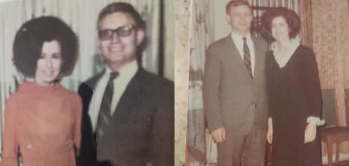 Two 1970s era pictures of Diane and Wayne Nix featuring Diane's homemade dresses