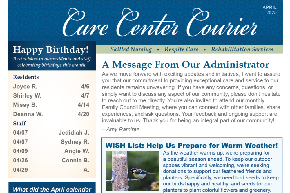 April 2025 Newsletter at Edgerton Care Center in Edgerton, Wisconsin