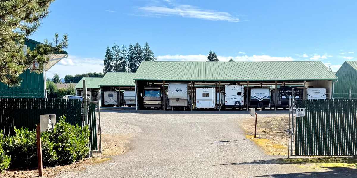 A covered RV at Brush Prairie RV Storage in Vancouver, Washington