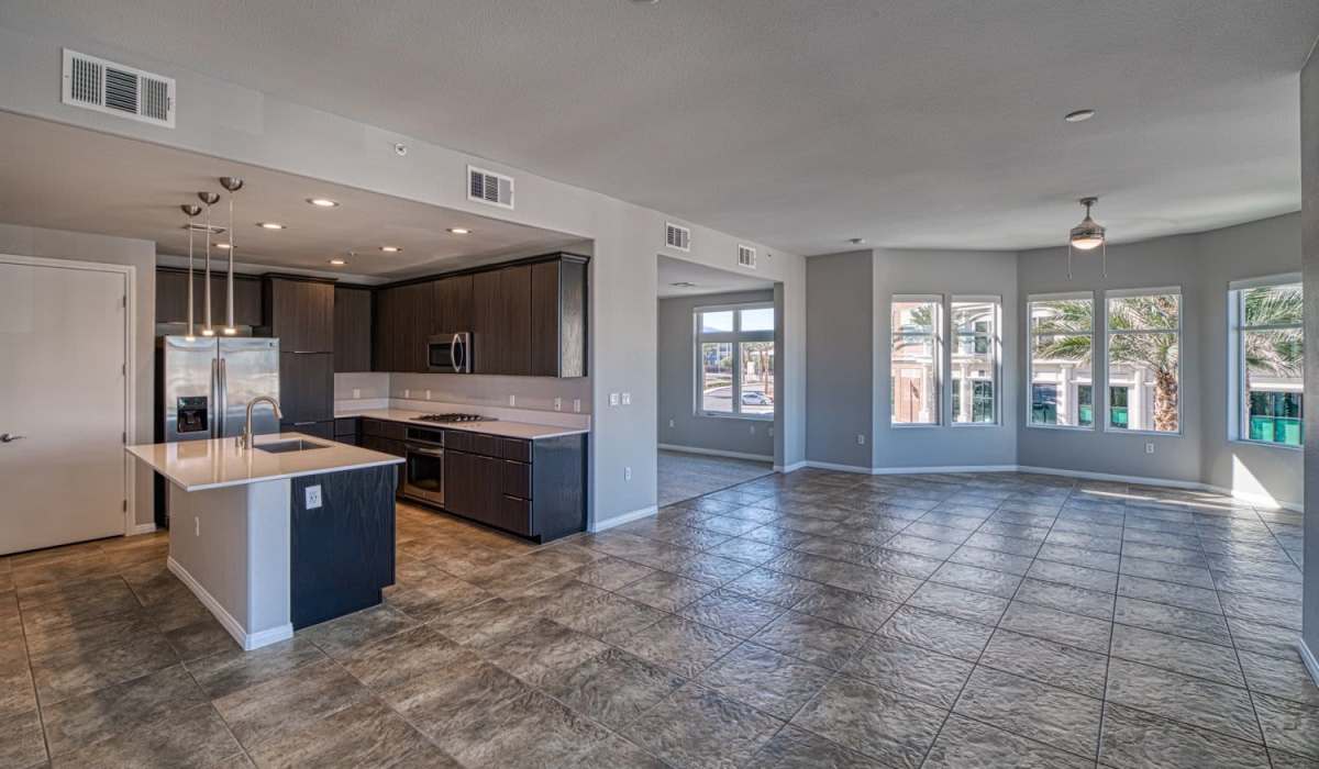 Cozy and modern living room with open kitchen at The Gramercy Residences in Las Vegas, Nevada
