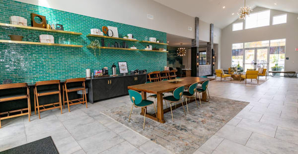 Coffee bar and lounge in the clubhouse at Gibson Flowery Branch | Apartments in Flowery Branch, Georgia