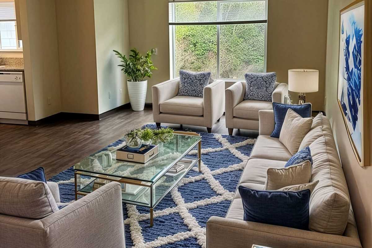 Living room with a beige sofa at Ivy Ridge Apartments in Seattle, Washington
