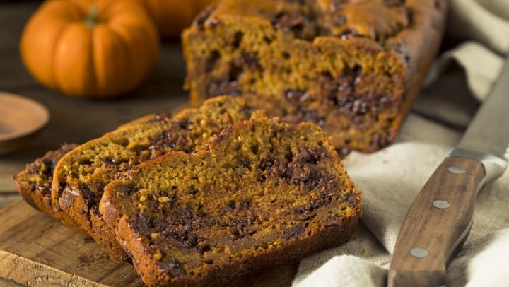 Sliced pumpkin bread with chocolate chips at Vive