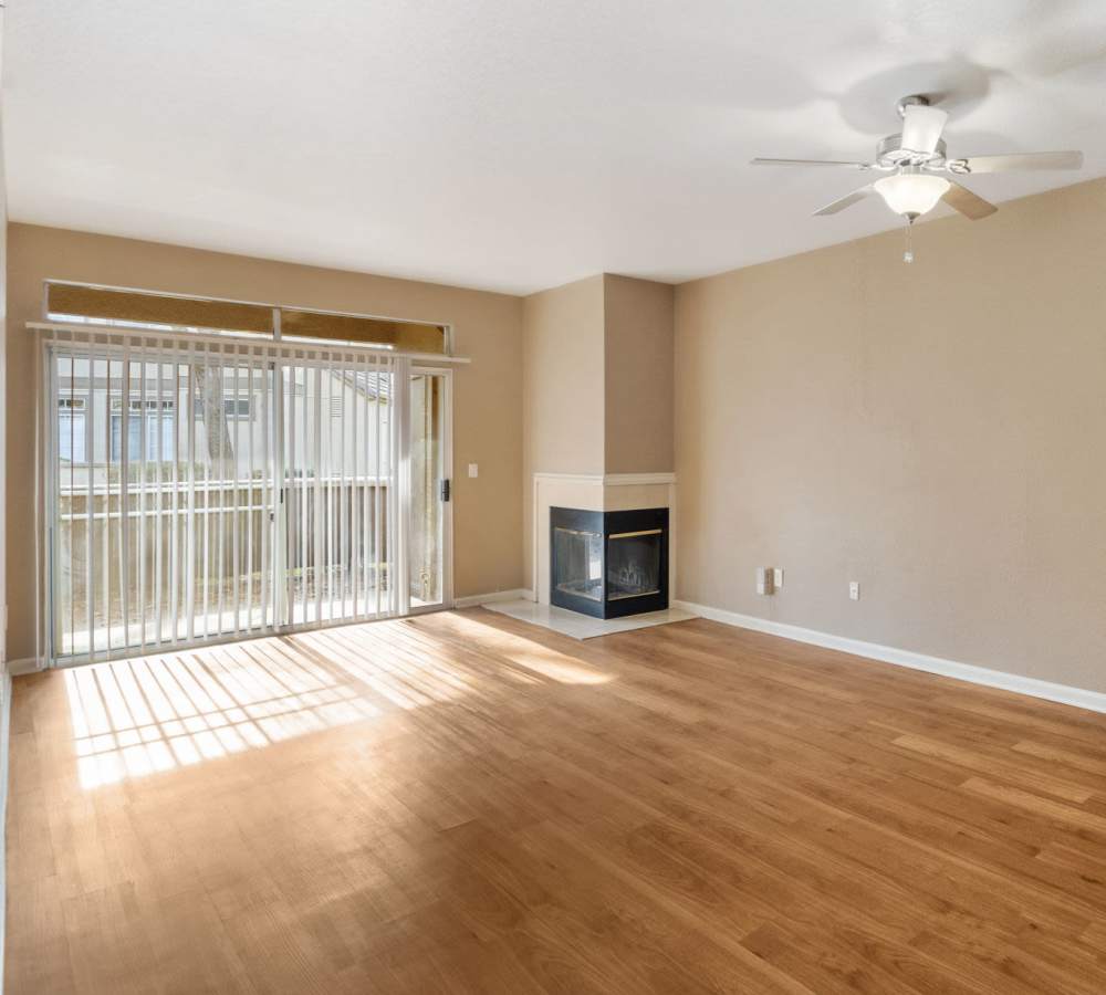 Hardwood-style flooring in living room steel at Larkspur Woods in Sacramento, California