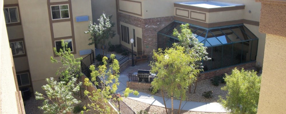 View of the courtyard from a bedroom window at Ridge at the Stratford in Phoenix, Arizona