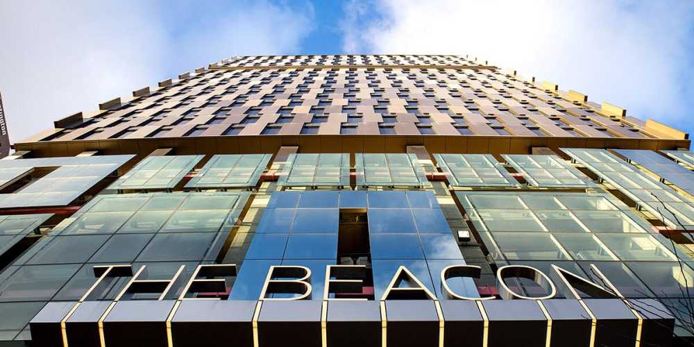 Exterior of The Beacon in Cleveland, Ohio and the main sign