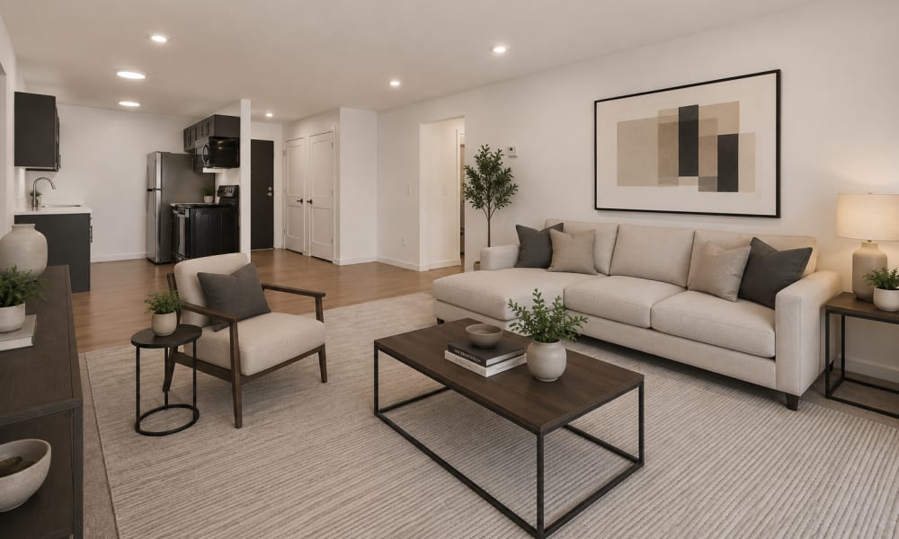 Living room with large sofa and center table at Shoreview Hills in Shoreview,Minnesota