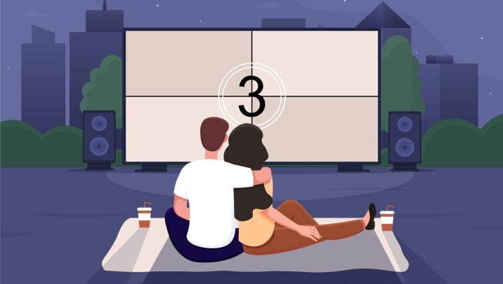 Cartoon rendering of a couple watching a movie in the park on a blanket.