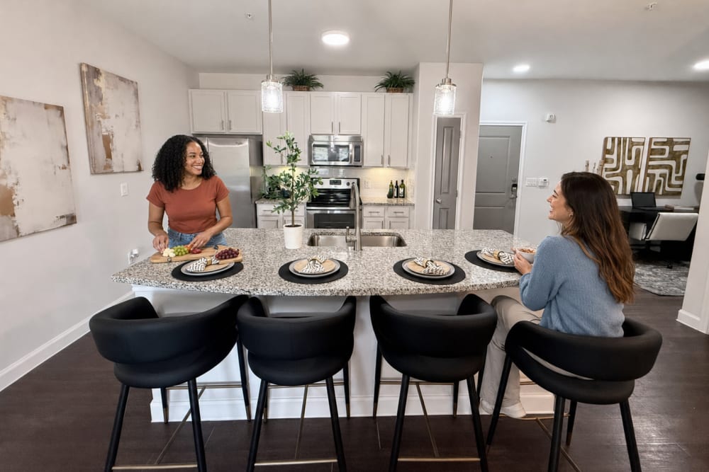 Roommates at The Abbey at Preserve Way in Tomball, Texas relaxing in the kitchen 