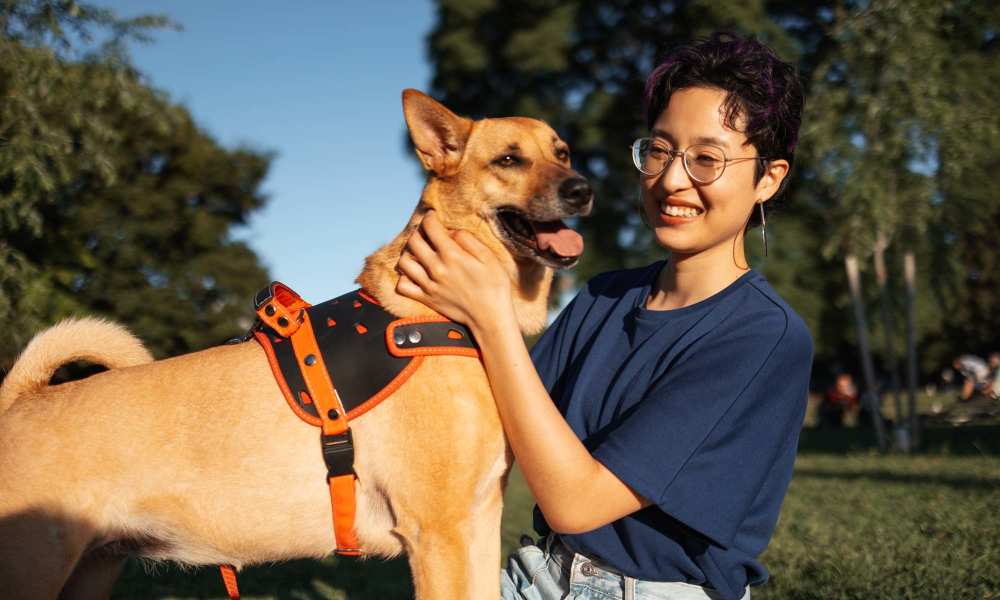 Resident with her dog in the park near Keystone Trailhead Village in Reno, Nevada