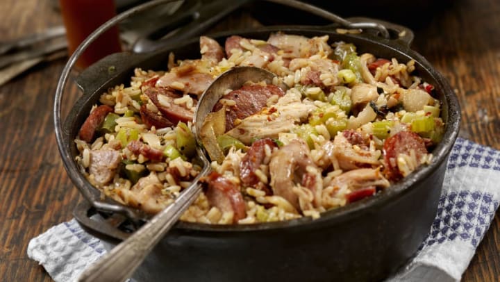 Chicken and sausage jambalaya in cast iron pot from a Cajun restaurant in Keller.
