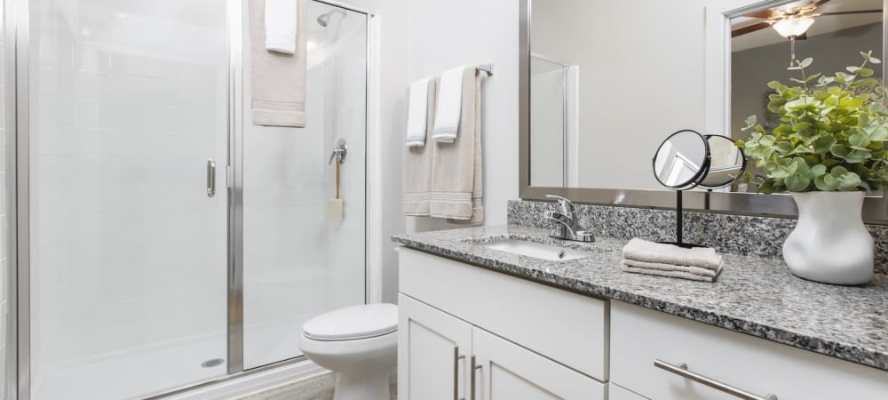 Spacious bathroom with large mirror and ample counter space at South City Apartments in Summerville, South Carolina