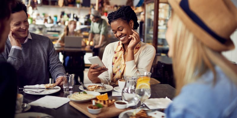 Residents out for dinner near Hallfield Apartments in Nottingham, Maryland