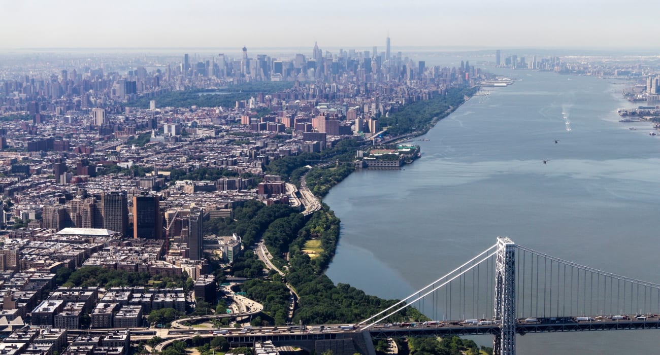 Aerial view of George Washington Bridge going into Manhattan near General Wayne Townhomes and Ridgedale Gardens in Madison, New Jersey