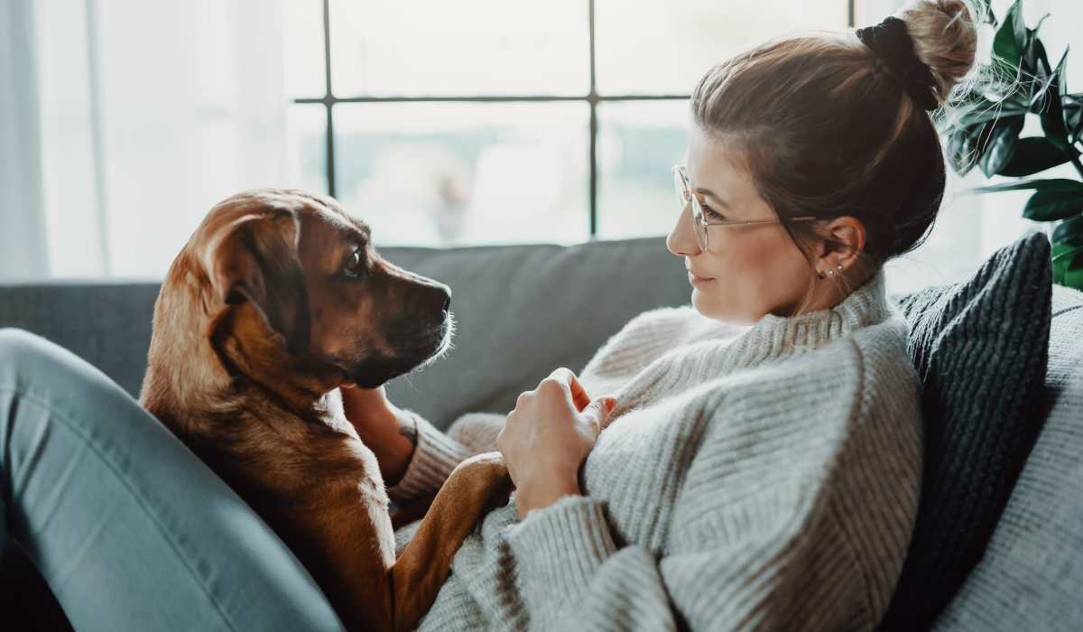 Resident on the couch with her dog at Attain at Towne Centre, Fredericksburg, Virginia