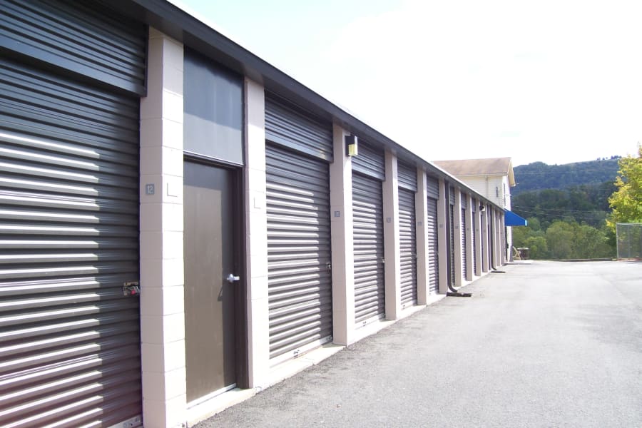 Exterior of drive-up units at Charlottesville Self Storage in Charlottesville, Virginia