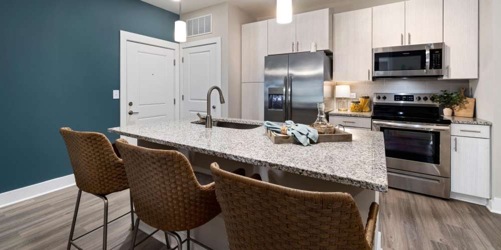 Open layout of kitchen and living room with bar counter, sink, and storage at  Hudson Carolina Forest in Myrtle Beach, South Carolina