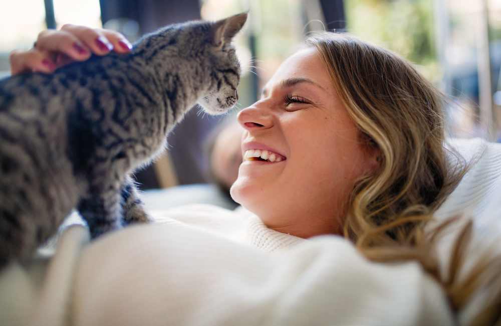 Woman and her cat playing in their new apartment at West End Village in Nashville, Tennessee