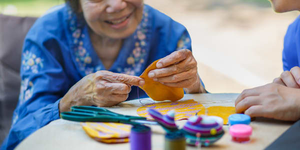 Resident with medications at Holton Manor in Elkhorn, Wisconsin