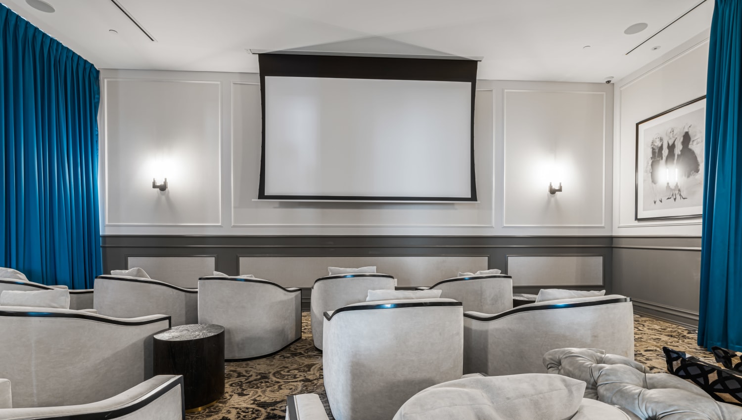 Mini theater in the clubhouse lounge at Olympus Harbour Island in Tampa, Florida