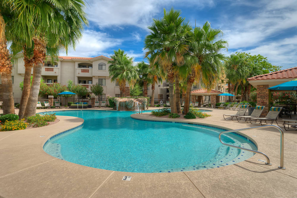Beautiful swimming pool at dusk at San Hacienda in Chandler, Arizona