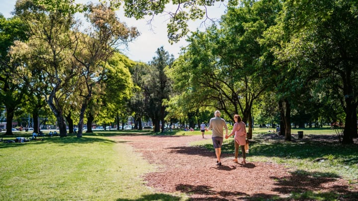 A man and a woman walking on a gravel trail in a forest.
