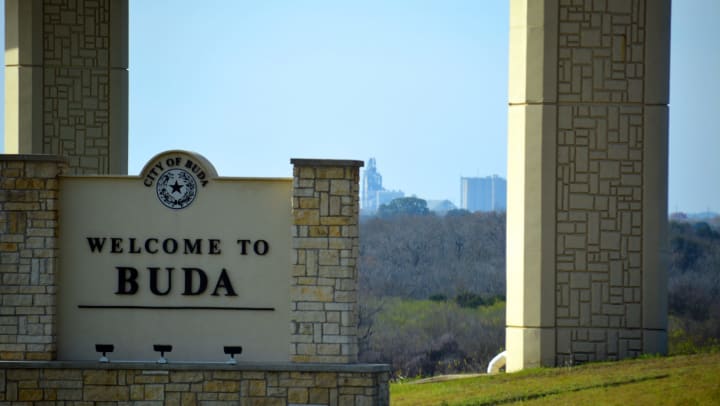The “Welcome to Buda” sign in Buda, Texas
