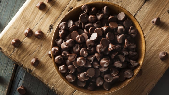 A bowl full of chocolate chips