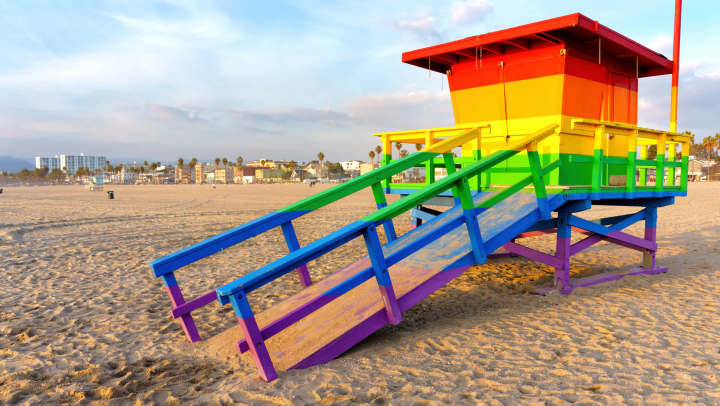 Rainbow-painted lifeguard tower on Santa Monica Beach