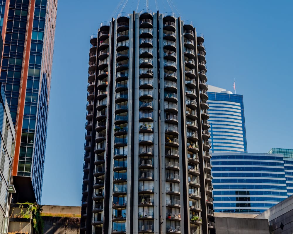 Foot traffic at the plaza across the street from Tower 801 in Seattle, Washington