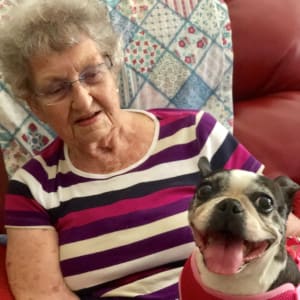 Resident Helen with her new canine friend at Courtyard Estates at Hawthorne Crossing in Bondurant, Iowa. 