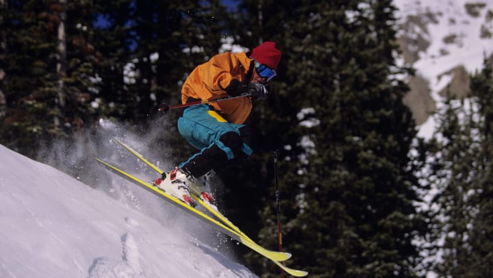 A person gets air while skiing at Jackson Hole Resort