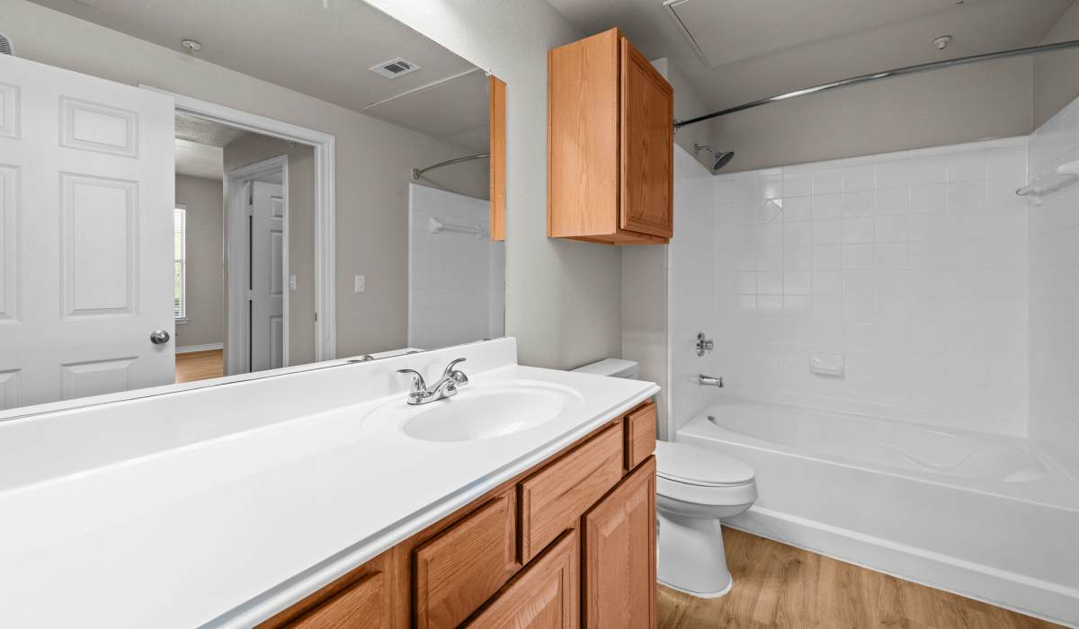 Bathroom with hardwood flooring at Hidden Creek in Allen, Texas