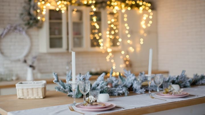 kitchen with holiday lights 