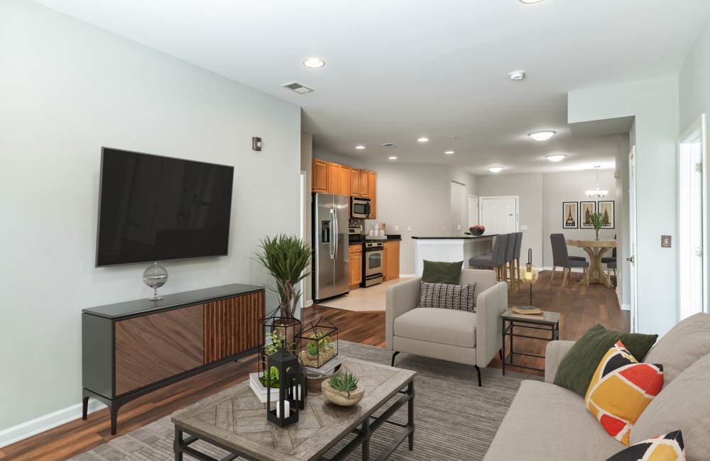 Furnished living room in a home at Cranford Crossing Apartment Homes in Cranford, New Jersey