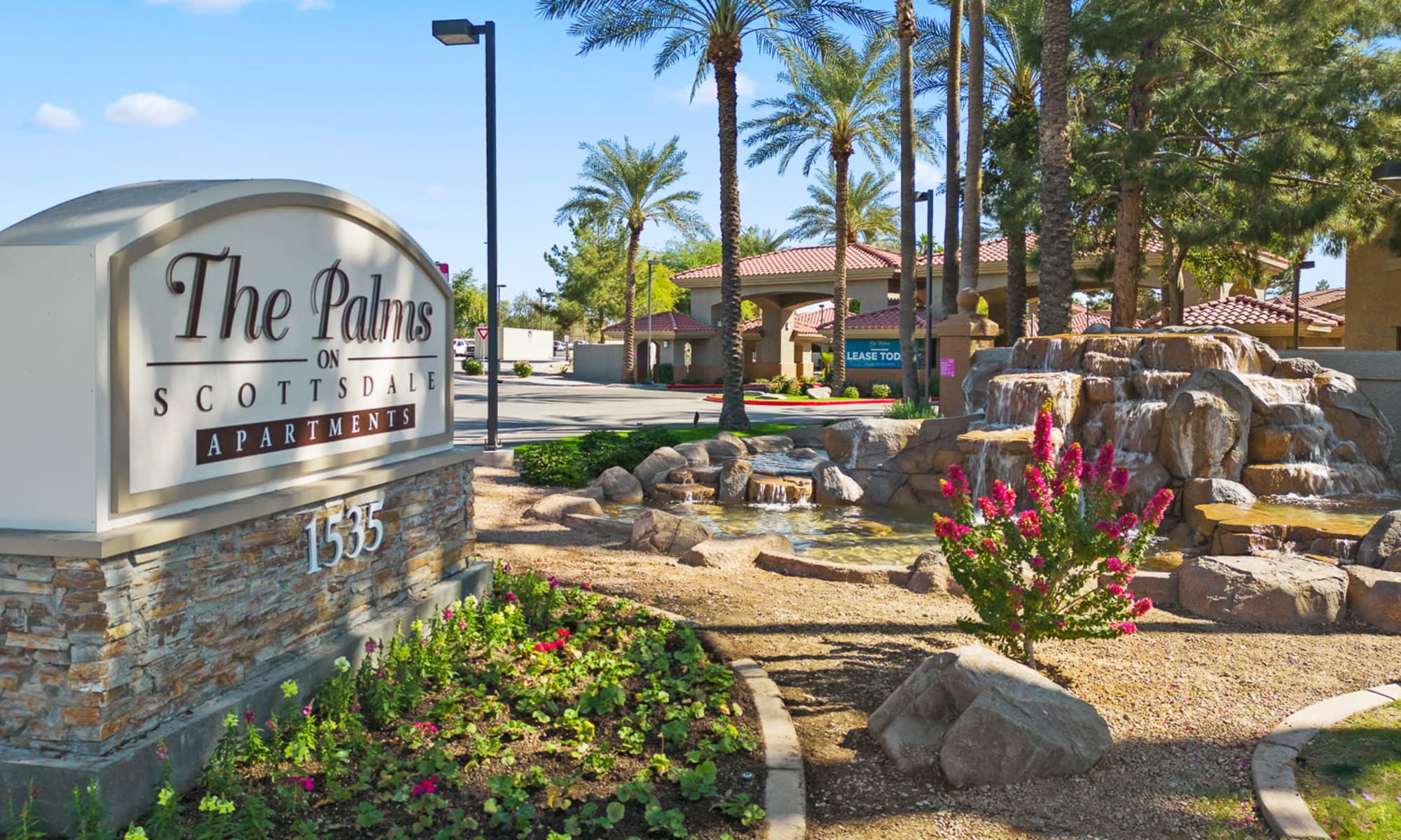 Entrance sign at The Palms on Scottsdale in Tempe, Arizona