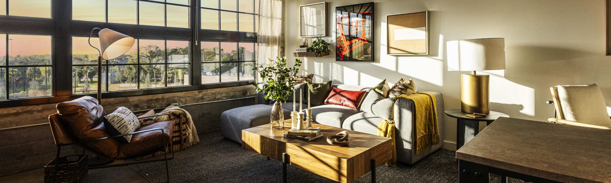 Living room of an  apartment at sundown at Union Terminal Warehouse in Jacksonville, Florida