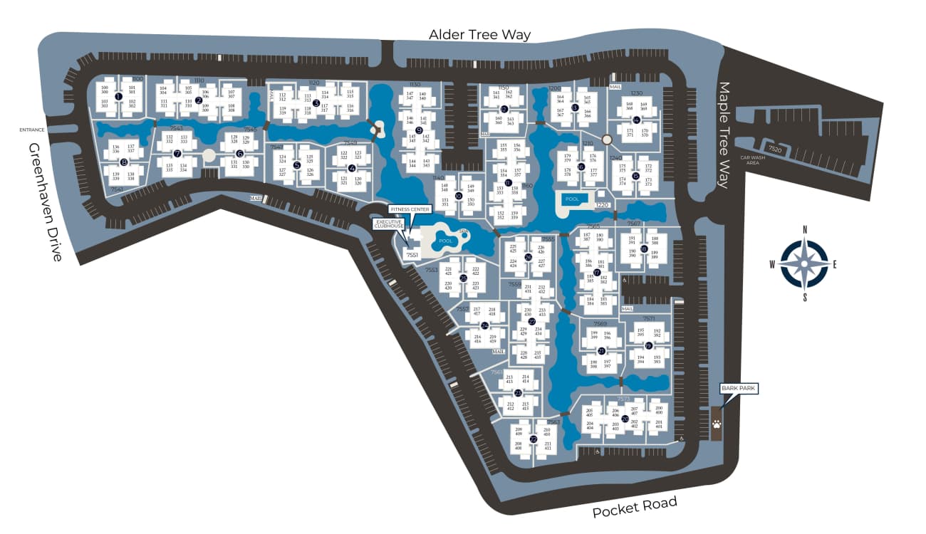 Community site map for Hidden Lake Condominium Rentals in Sacramento, California