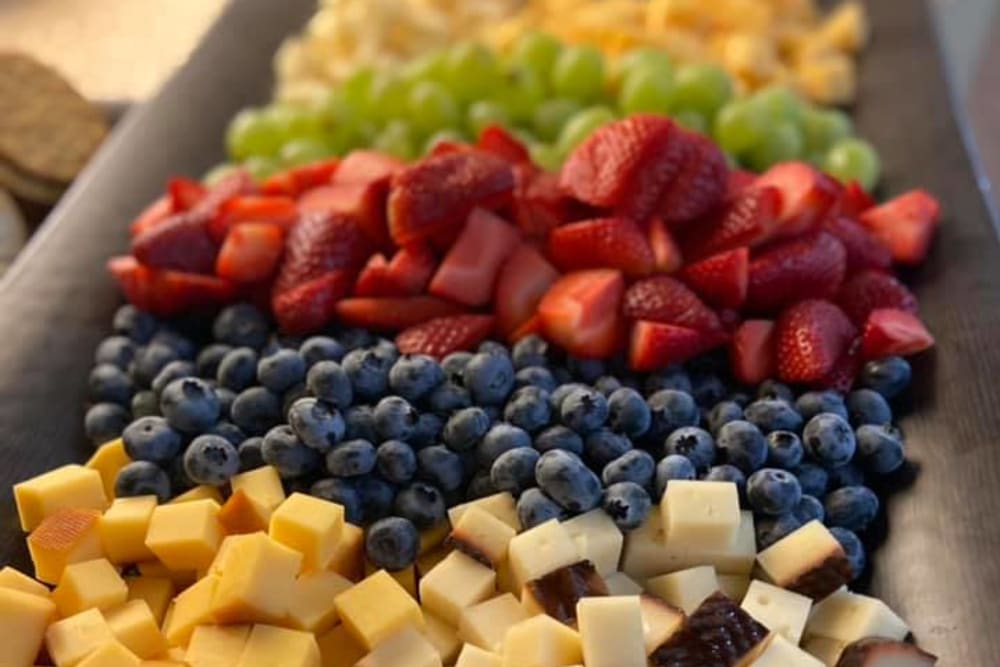 cheese and fruit platter at English Meadows Williamsburg Campus in Williamsburg, Virginia
