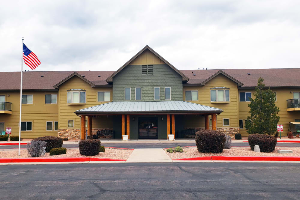 Front entrance on a sunny day at Majestic Rim Retirement Living in Payson, Arizona. 
