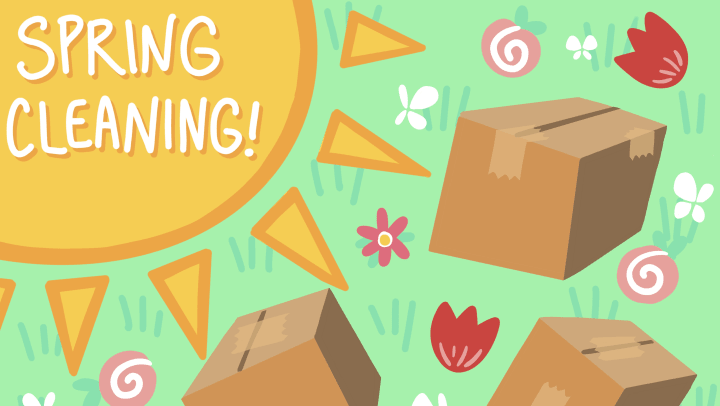 A cartoon drawing of a bright sun with the words SPRING CLEANING with moving boxes and flowers floating over a teal green background