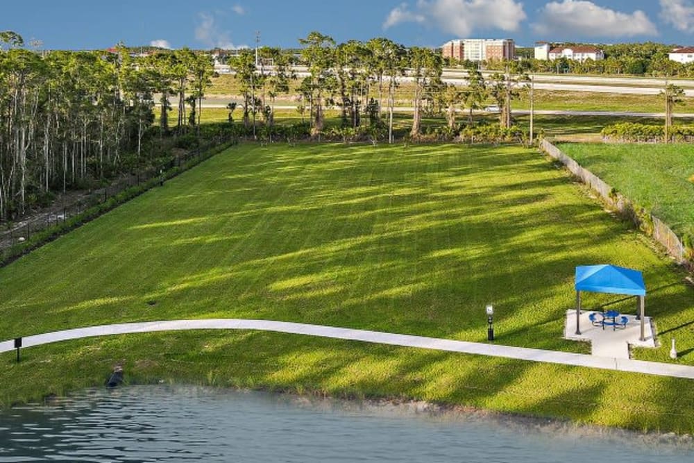 Multi-sport field with jogging path and dog stations at Murano at Three Oaks in Fort Myers, Florida