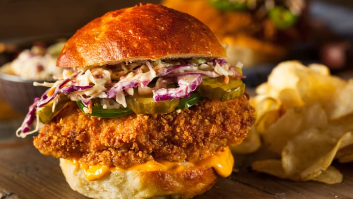 Delicious gourmet fried chicken sandwich at a local restaurant near Olympus Town Center