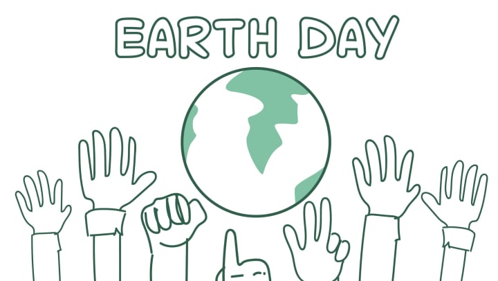 Earth Day background with hands raised toward globe